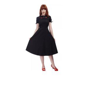 Unique Vintage Collectif Stephanie Cherry Black Embroidered Swing Dress